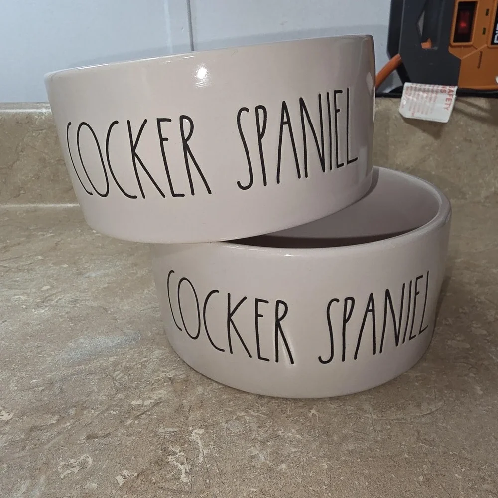 Rae Dunn Cocker Spaniel Pet Dog Bowls‎ Set Of 2 Stoneware White Dishwasher Safe